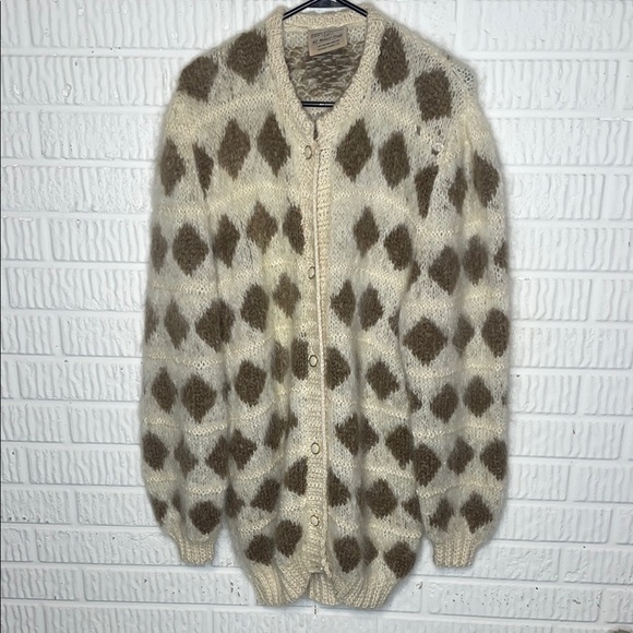Vintage Cozy Cream and Brown Patterned Cardigan Mohair craft - Picture 1 of 4